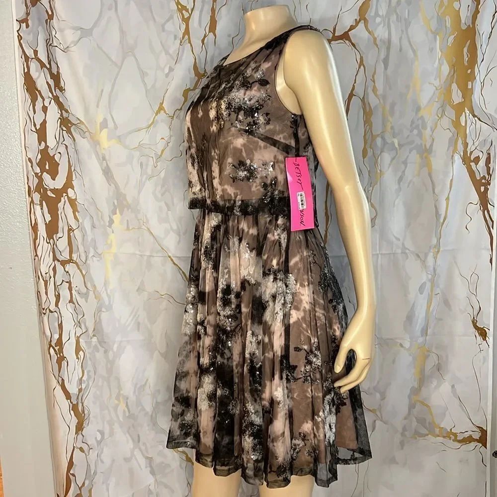 *Betsy Johnson, black charcoal and pink sheer sequence floral dress NWT